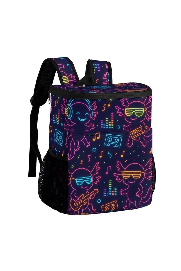 11.812.6in Ice Pack Backpack with Large Capacity Adjustable Shoulder Straps And Pockets on Both Sides Neon Party Axolotls - 80s Synthwave 32x30x18cm