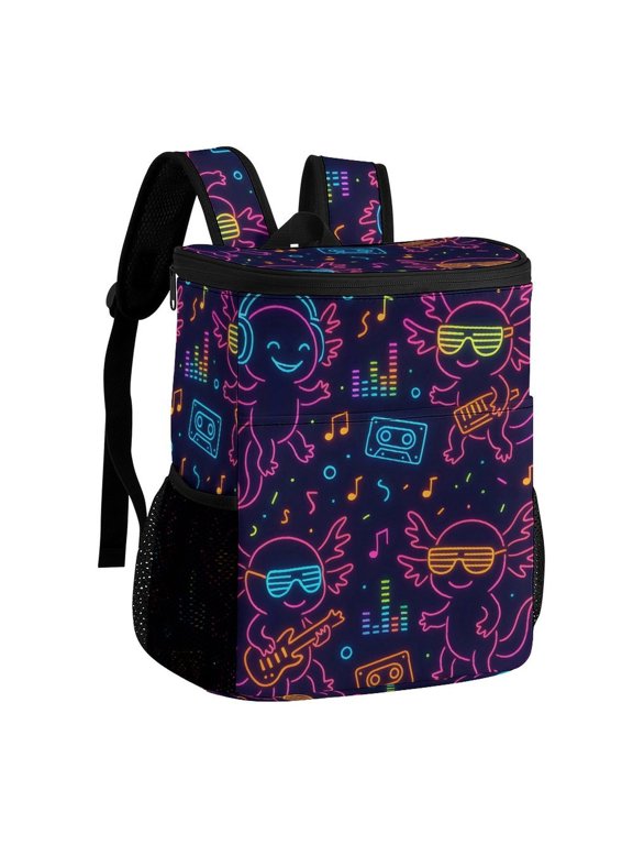 11.812.6in Ice Pack Backpack with Large Capacity Adjustable Shoulder Straps And Pockets on Both Sides Neon Party Axolotls - 80s Synthwave 32x30x18cm