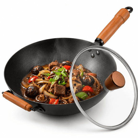 11.8" (30cm) Carbon Steel Nonstick Flat Bottom Wok with Lid and Beech Wood Handle