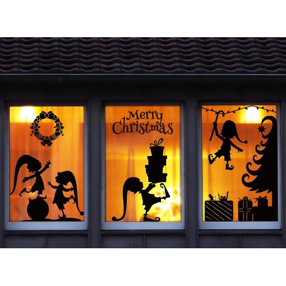 11.8 * 35.4" Large Christmas Silhouette Window Clings Black Xmas Tree Elves Window Stickers Double-Sided Glass Decals for Home School Office Party Decor,2 Sheets
