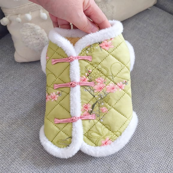 11.8-37.4In Bust Small Dog Winter Thick Warm Chinese-Style Tang-Suit Vest With Floral Pattern & Classic Buttons For Bichon Frise, Yorkshire Terrier, Indoor & Outdoor Use, Family