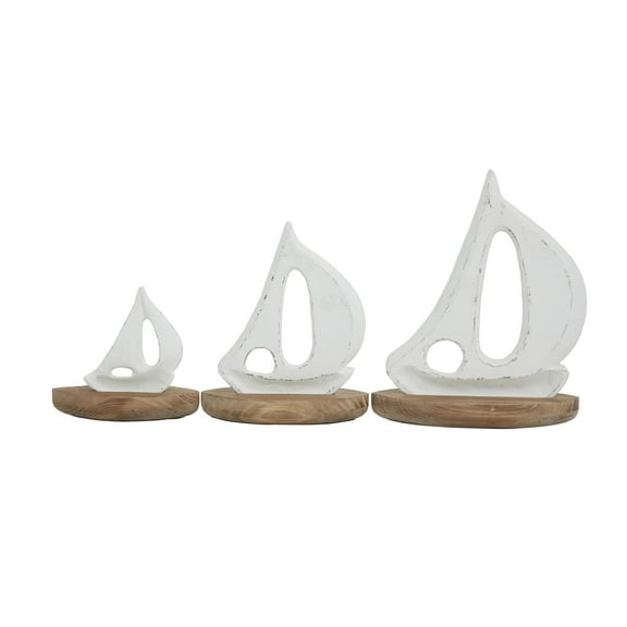 11", 8", 6"H White Wood Sail Boat Sculpture with Wood Base, by DecMode (3 Count)