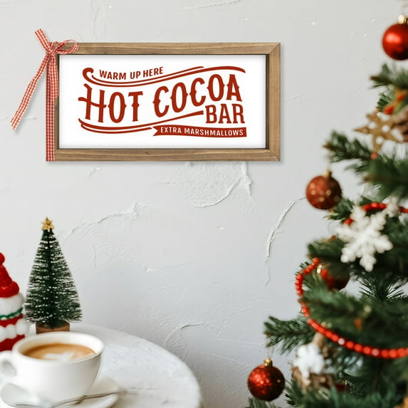 11.8×6 Inch Hot Cocoa Bar Sign, Wooden Christmas Kitchen Decor, Holiday Decorative Signage Plaque Indoor Table Shelf Wall Art Mantel Coffee Chocolate Station Rustic Farmhouse Home Decorations