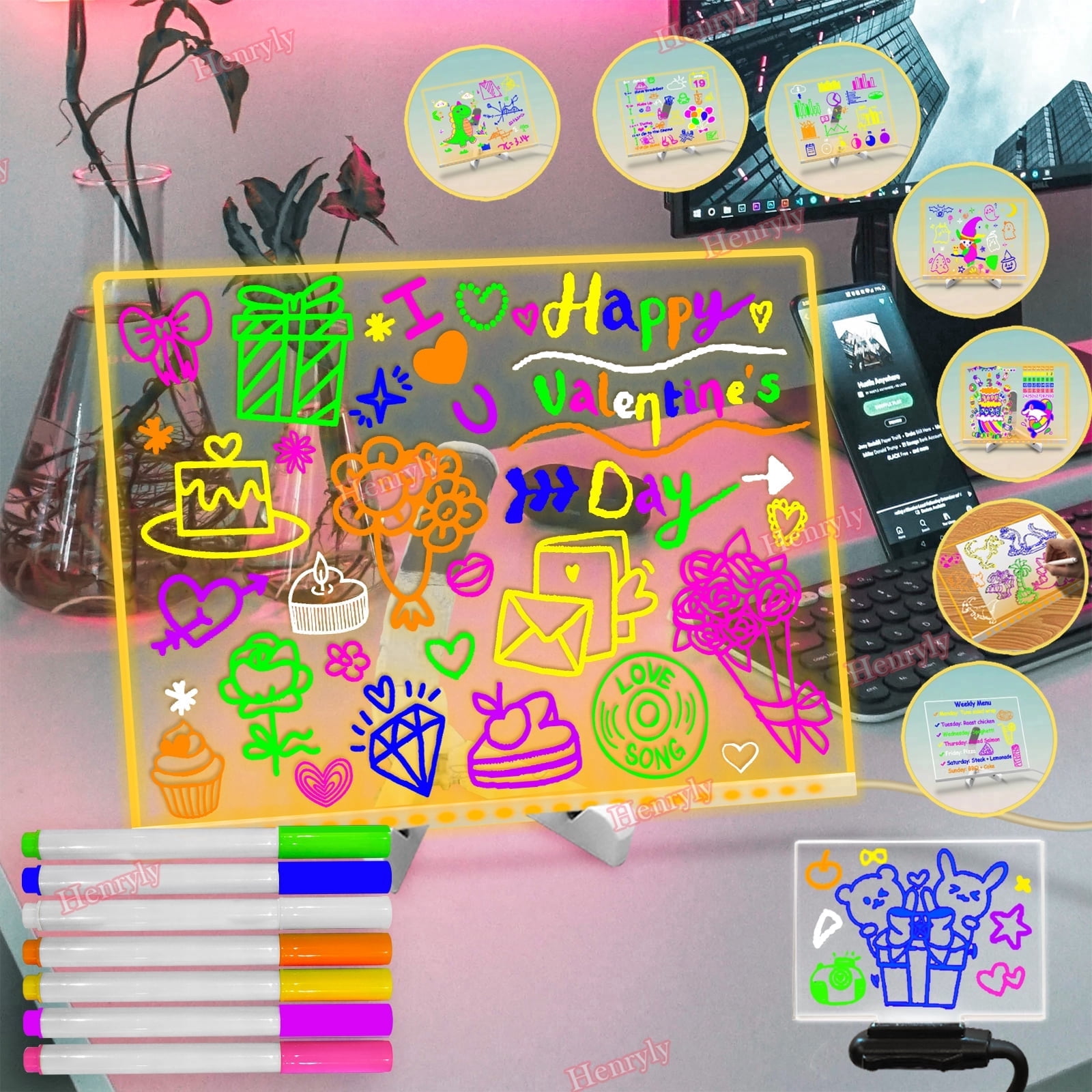 11.8*7.9 Inch Acrylic Dry Erase Board with Light- Dimmable LED Note Board with 7 Colors Pen - Glowing Acrylic Message Note Board, Light up Dry Erase Board with Stand as a Glow Memo Board