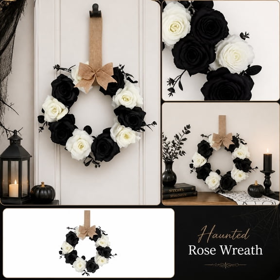 11.8" Black and White Rose Halloween Wreath with Burlap Bow, Gothic Haunted Rose Wreath for Front Door & Wall Decor (Green)