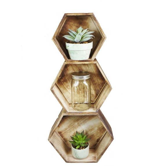 11.8" Brown wash hexagon wood crate Set of 3. ABN5E100-NTRL