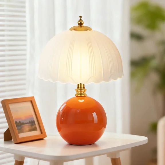 11.8" Ceramic Table Lamp, Bedside Lamp with Glass Shade, 3-Way Lighting Rocker Switch, Nightstand Lamp for Bedroom, Living Room, Office, Orange