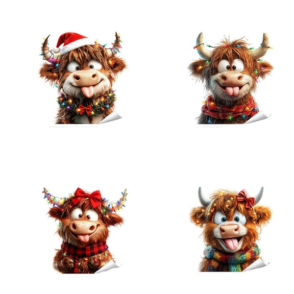 11.8"Christmas Window Clings,4 Pieces Medium Xmas Cow Seasonal Decoration Electrostatic Adhesion Glass Door Holiday Decals for Homeowners Interior Decorators School Office Store Living Room Classroom