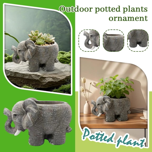 11.8" Colorful / Vibrant Design Elephant-Shaped Planter Pot, Durable Weather-Resistant Succulent & Flower Container, Adorable Decorative Garden Pot For Outdoor Yard, Patio, Porch & Indoor Home
