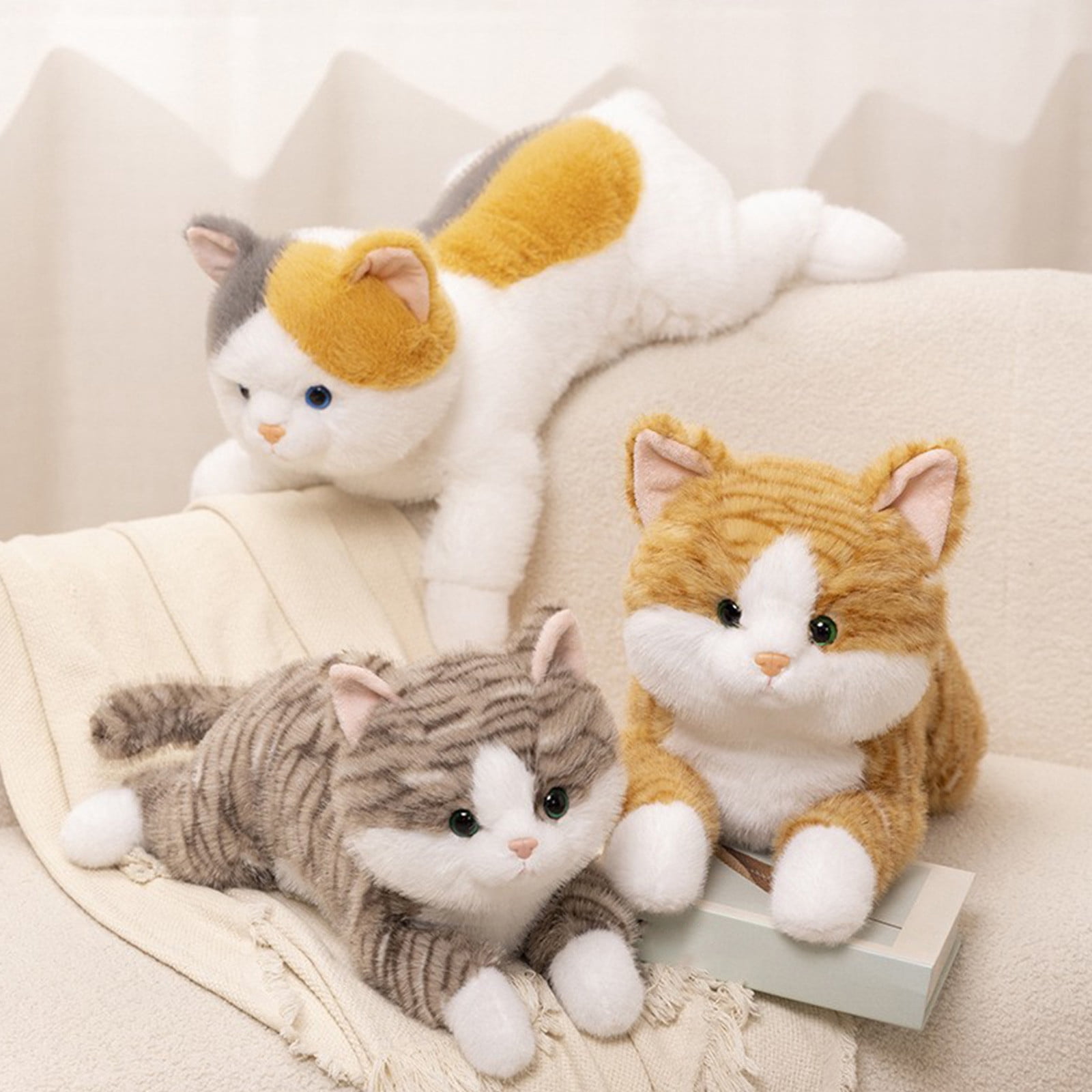 11.8" Gary/White/Yellow Plush Cat Toy - Realistic Stuffed Feline for