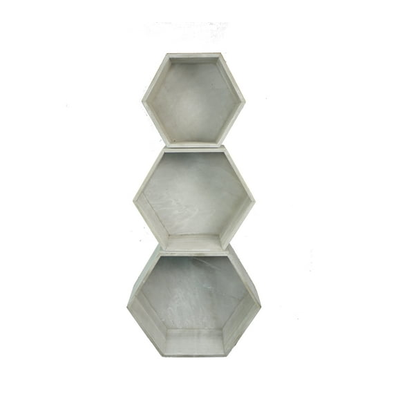 11.8" Grey wash hexagon woodcrate Set of 3. ABN5E100-WHT-GY