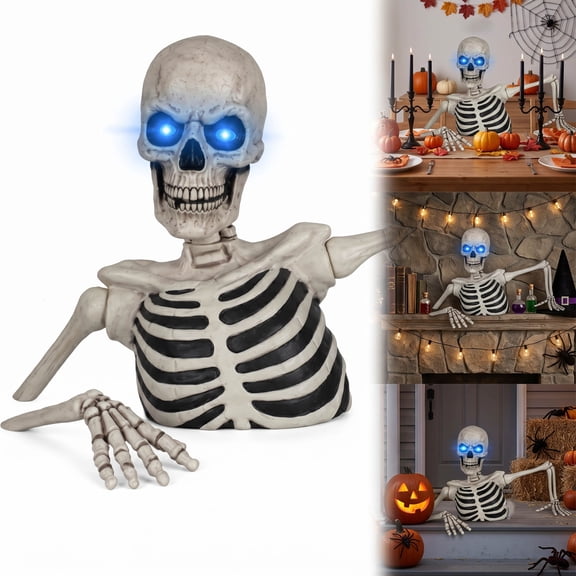 11.8" Ground Breaking Skeleton with LCD Eyes, Halloween Spooky Prop with LCD Eyes for Yard, Front Porch & Lawn Outdoor Decoration