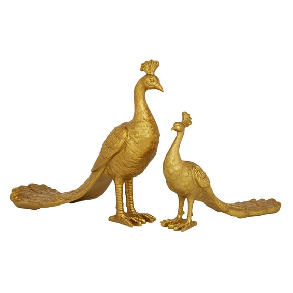 11", 8"H Gold Polyresin Peacock Sculpture, by DecMode (2 Count)