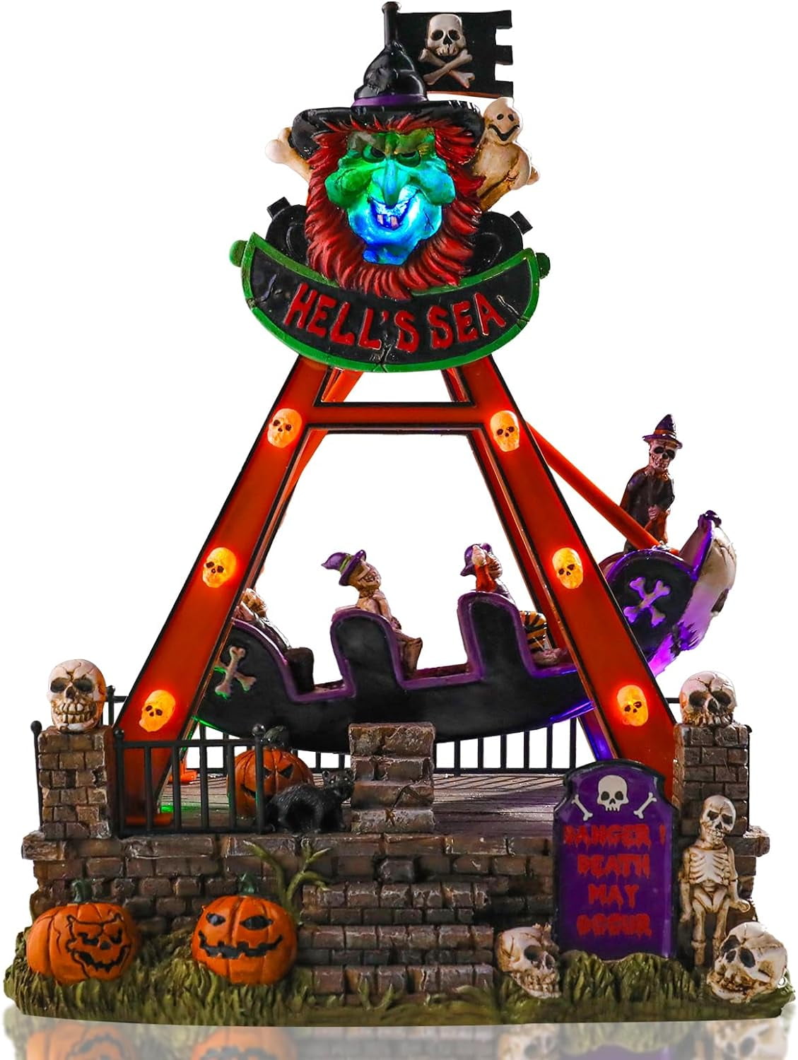 11.8 in Halloween Village Indoor Halloween Decorations Pirate Ship Musical  Hell's Sea Pendulum LED Swing with Skull Pumpkin Motion and Sound for  Indoor and Halloween Party Decor 