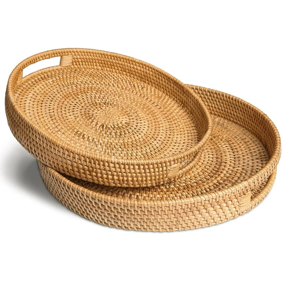 11.8" Hand-Woven Round Rattan Serving Tray Decorative Wicker Trays with Handles for Coffee Table (Natural-M)