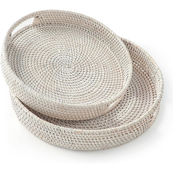 11.8'' Hand-Woven Round Rattan Serving Tray Decorative Wicker Trays with Handles for Coffee Table