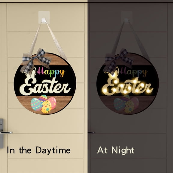 11.8" Happy Easter Wooden Door Sign with Light, LED Round Hanging Wreath with Buffalo Plaid Bow, Easter Decorations foor Home, Ideal for Front Door & Home Entryway