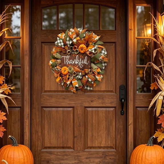 11.8" Harvest Fall Wreath for Front Door,Pumpkins Wooden Autumn Wreaths | Harvest Thanksgiving Wreaths Farmhouse decor, Porch Wall, Home Outdoor Holiday Decorations