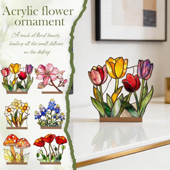 11.8 Inch 2D Acrylic Floral Ornament Pack Of 1, Vibrant Colorful Flower Standing Decor With Exquisite Detailing, Decorative Tabletop Centerpiece For Home Living Room, Bedroom,