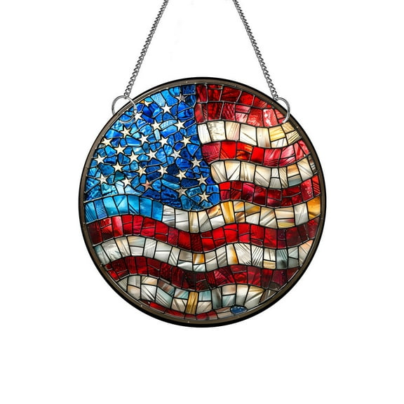 11.8 Inch 4th of July American Flag Acrylic Stained Glass Window Hanging Decor Patriotic USA Flag Suncatcher Double Sided Window Panel Art Crafts Decorations for Door Wall Home Indoor Outdoor