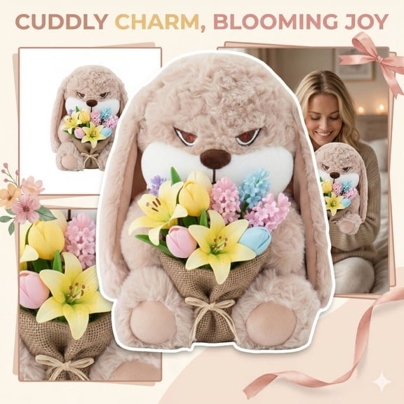 11.8 Inch Angry Easter Bunny Plush with Colorful Egg Bouquet, Grumpy Bunny Stuffed Animal, Easter Basket Stuffer and Home Decor