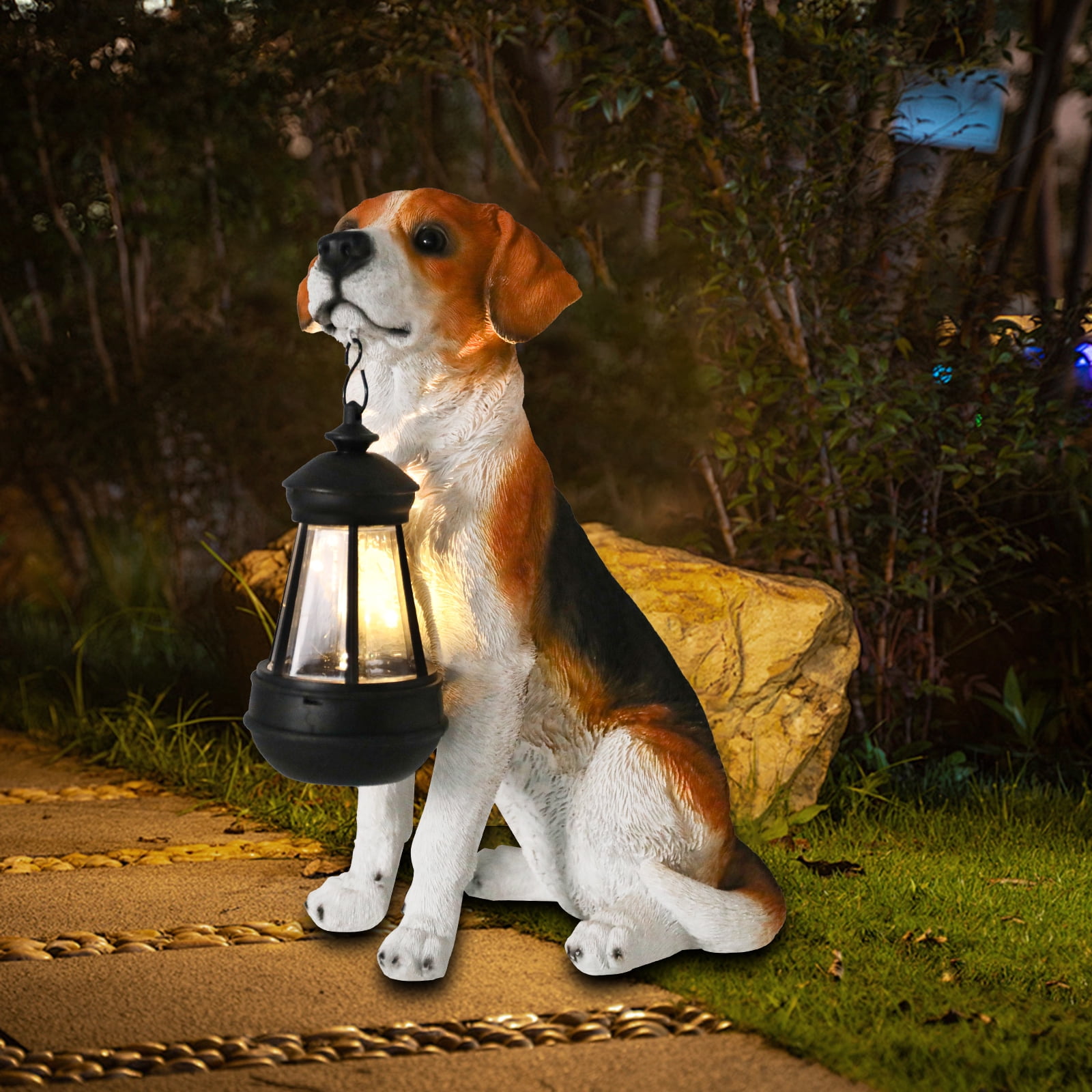 11.8 Inch Beagle Garden Statue with Solar LED Lantern,Dog Statue,Resin Pet Decor for Patio, Lawn & Outdoor Spaces