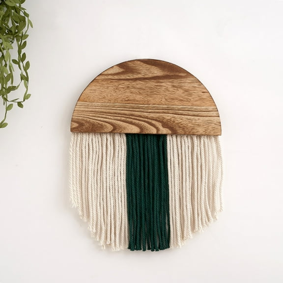 11.8 Inch Boho Fringed Wall Hanging Decor Semi-round Wood Fringed Wall Decor, for Living Room Bedroom Decorated, (Dark green)