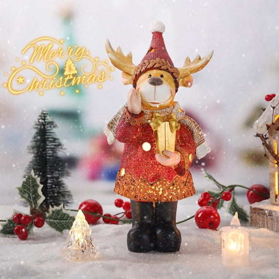 11.8 Inch Christmas Moose Holding Gift Decor, Moose Figurines Hand-Painted Resin Table Top Moose Statues with LED Lights for Centerpiece,Red