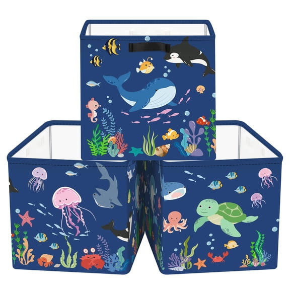 11.8 Inch Fabric Cube Storage Bins with Metal Frame, Ocean, 3-Pack