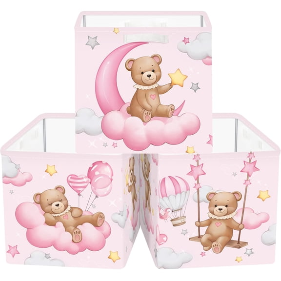 11.8 Inch Fabric Cube Storage Bins with Metal Frame, Pink Bear, 3-Pack