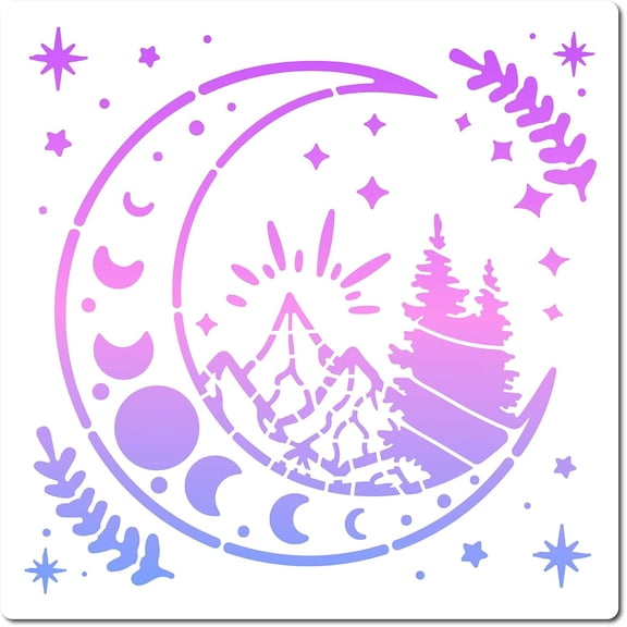 11.8 Inch Moon Phase Stencil Reusable Painting Plastic Drawing Templates DIY Decorative Mountain Star Tree Leaf Pattern Template Stencils Crafts for Furniture Wood Wall Fabric Home Decor