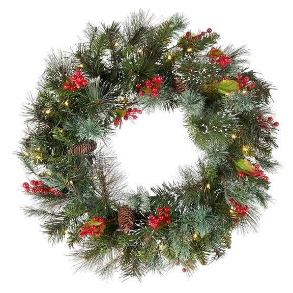 11.8 Inch Pre-Lit Artificial Christmas Wreath, Green, Wintry Pine, Warm White Lights, Decorated with Pine Cones, Berry Clusters, Christmas Collection