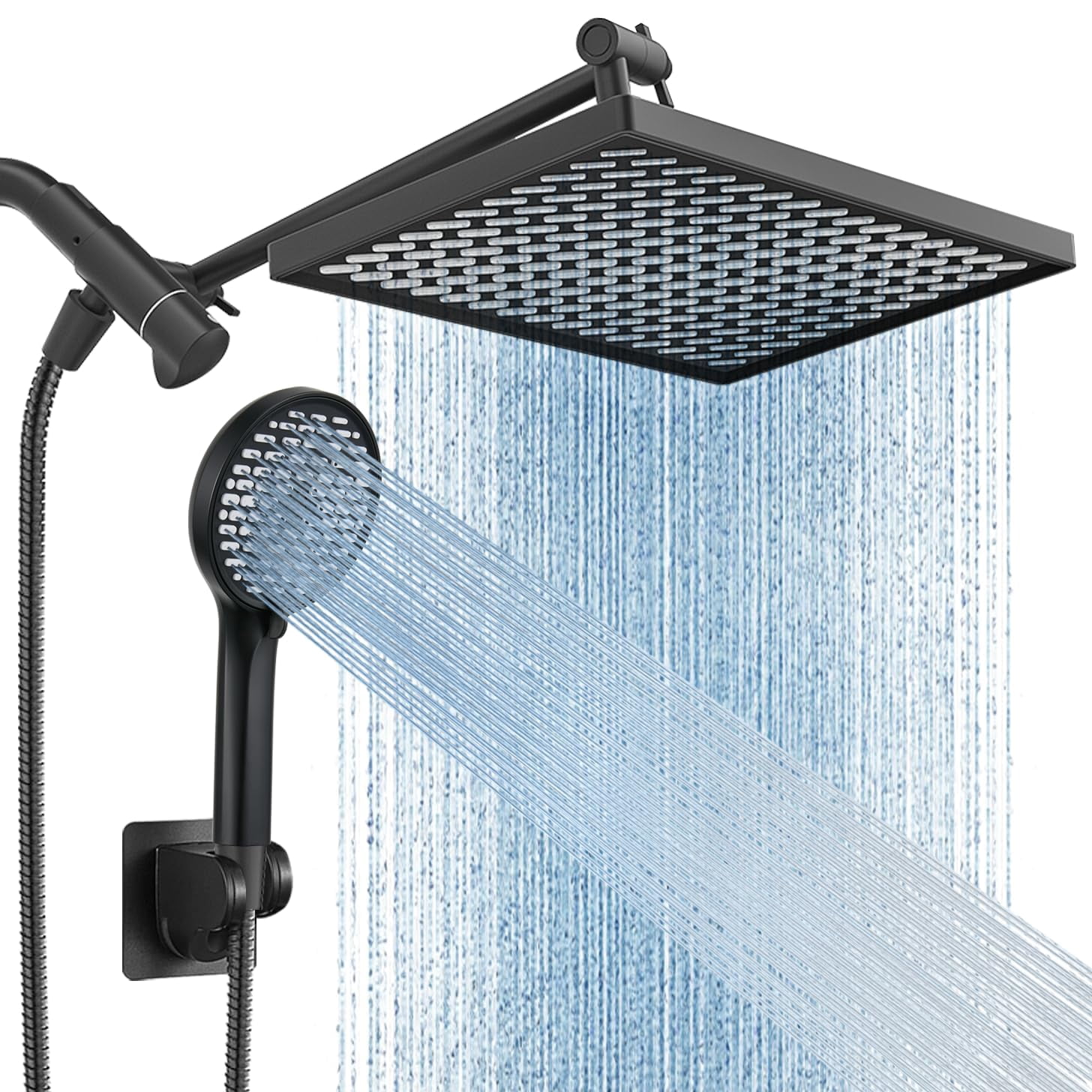 11.8 Inch Rain Shower Head With 6 Modes Handheld Water Spray High Showerhead Combo 11 Adjustable Extension Arm  Black