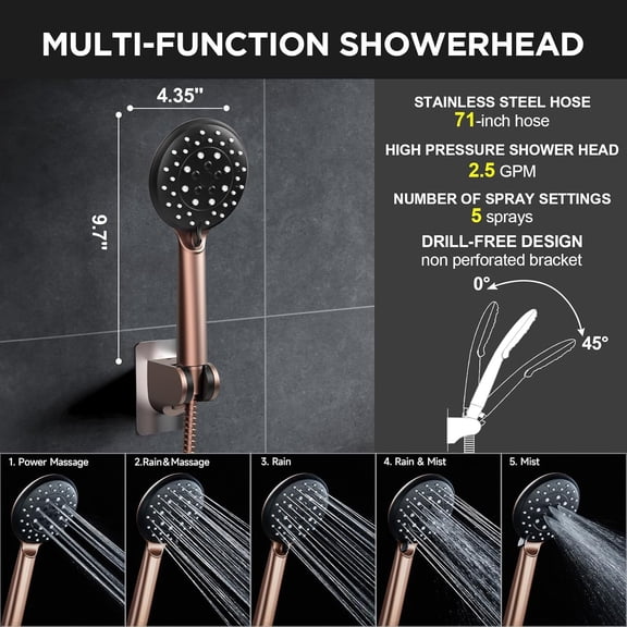 11.8 Inch Rain Shower with Handheld, High Pressure Dual Spray Modes, Metal Extension Arm, Detachable Combo for Bathroom Decor, Gold