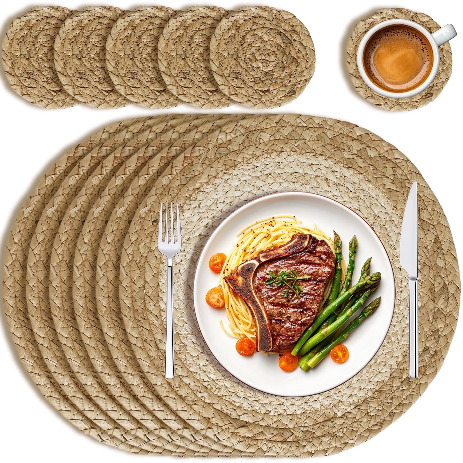 11.8 Inch Round Braided Placemats Set of 6, Washable Heat Resistant Handmade Circle Boho Place Mats for Kitchen Dining Table - Dunes Khaki