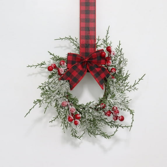 11.8 Inch Small Christmas Wreath, Mini Wreaths with Snow Flocked Red Berry Bow for Door Kitchen Cabinets Window Fireplaces, Vintage Farmhouse Christmas Decor -1Pcs