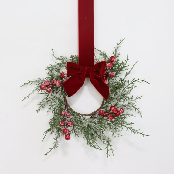 11.8 Inch Small Christmas Wreath, Mini Wreaths with Snow Flocked Red Berry Bow for Door Kitchen Cabinets Window Fireplaces, Vintage Farmhouse Christmas Decor -1Pcs