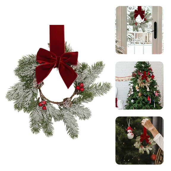 11.8 Inch Small Christmas Wreath, Mini Wreaths with Snow Flocked Red Berry Bow for Door Kitchen Cabinets Window Fireplaces, Vintage Farmhouse Christmas Decor -1Pcs
