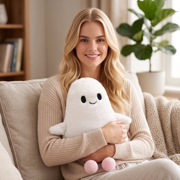 11.8 Inch Smiley Ghost Stuffed Plush Toy, Fluffy Halloween Throw Pillow, Spooky Cute Table Shelf Ornament, Halloween Stocking Stuffer Birthday Gift for Friends Family