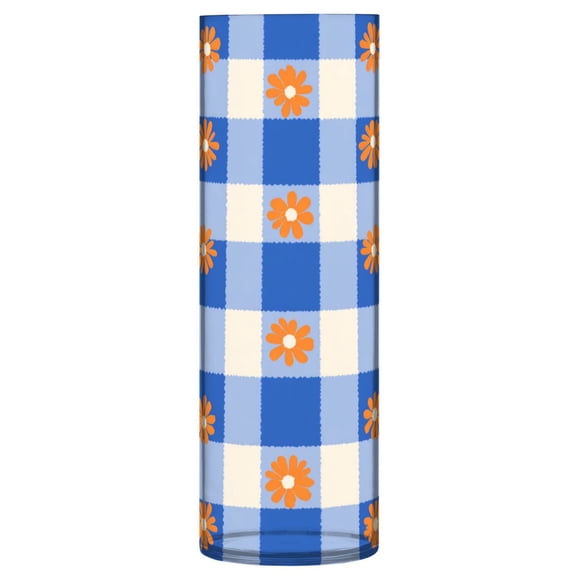 11.8 Inch Unbreakable Clear Plastic Vase Cylinder Flower Vase Shatterproof Wide Mouth Vase for Home Decor and Storage Orange Flowers on Checkered Pattern