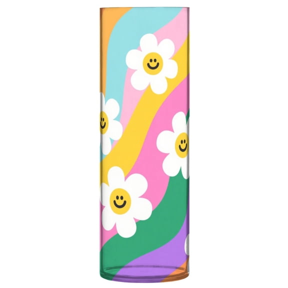 11.8 Inch Unbreakable Clear Plastic Vase Cylinder Flower Vase Shatterproof Wide Mouth Vase for Home Decor and Storage Smiley Daisy on Rainbow Background