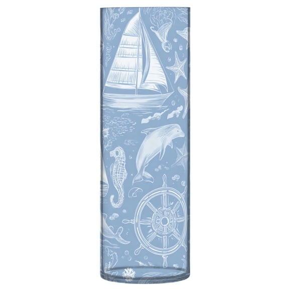 11.8 Inch Unbreakable Clear Plastic Vase Cylinder Flower Vase Shatterproof Wide Mouth Vase for Home Decor and Storage Blue Nautical Style Pattern