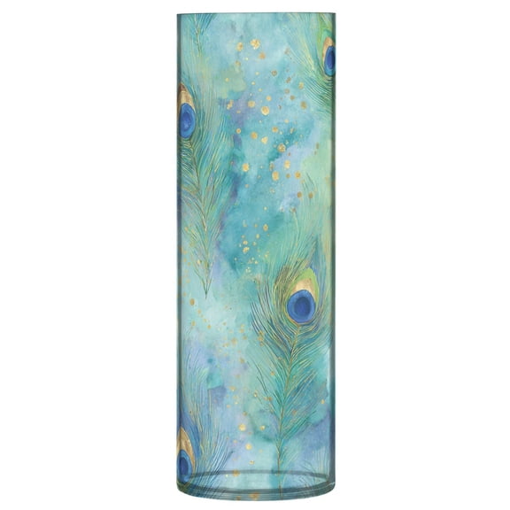 11.8 Inch Unbreakable Clear Plastic Vase Cylinder Flower Vase Shatterproof Wide Mouth Vase for Home Decor and Storage Elegant Peacock Feather Pattern