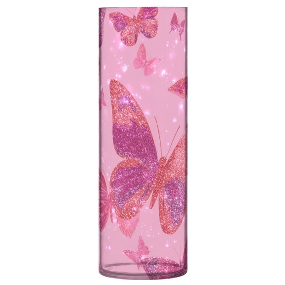 11.8 Inch Unbreakable Clear Plastic Vase Cylinder Flower Vase Shatterproof Wide Mouth Vase for Home Decor and Storage Glittering Sequin Butterfly
