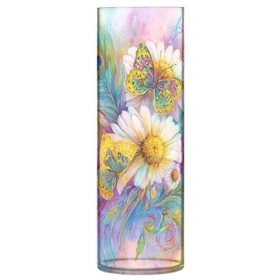 11.8 Inch Unbreakable Clear Plastic Vase Cylinder Flower Vase Shatterproof Wide Mouth Vase for Home Decor and Storage Peacock Feathers Art Pattern
