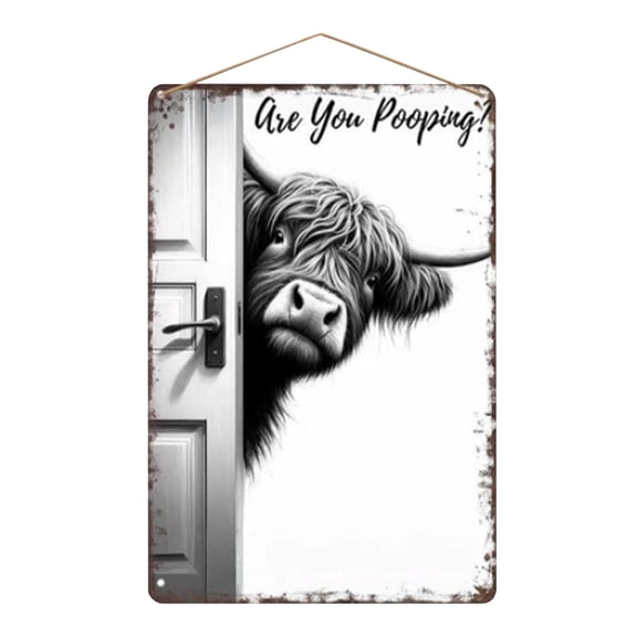 11.8 Inch Vintage Highland Cow Metal Sign, Funny Bathroom Wall Art with "Are You Pooping?" Quote, Unique Western Farmhouse Decor for Cow Lovers