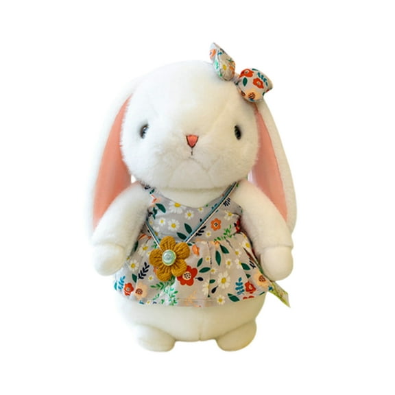 11.8-Inch White Bunny Plush Toy with Floral Dress - Rustic Easter Stuffed Animal, Soft Comfort Doll for Baby Shower Gift, Nursery Decor & Easter Basket A