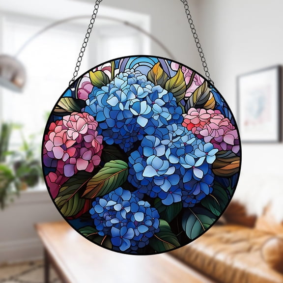 11.8 Inches Blue Hydrangea Acrylic Window Hanging Decor Stained Glass Panels Pink Flowers Green Leaves Wall Art Mural Suncatchers for Bedroom Garden Wall Decoration Gift for Mom Grandma Teacher C113
