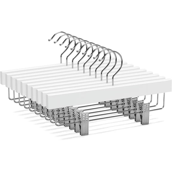 11.8'' Kids Baby Toddler Children Solid Wooden Pants Hangers,Wood Skirts Hangers,Trousers Bottom Hangers with 2-Adjustable Clips Anti-Rust Hook Pack of 10 (White)