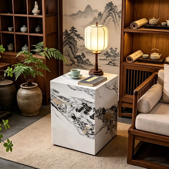 11.8" Modern Compact Cube Coffee Table, Elegant MDF with Faux Marble Finish, Marble Accent Table, Fully Assembled Side Table for Living Room, Nightstand, or Small Spaces, White